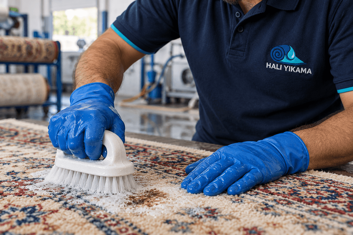 Desenli halı üzerinde özel fırça ile leke ön temizleme işlemi