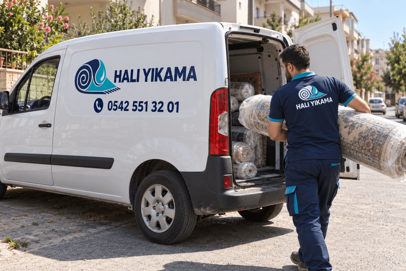 Aydın Efe Halı Yıkama servis aracı ve özenle taşınan temiz halılar